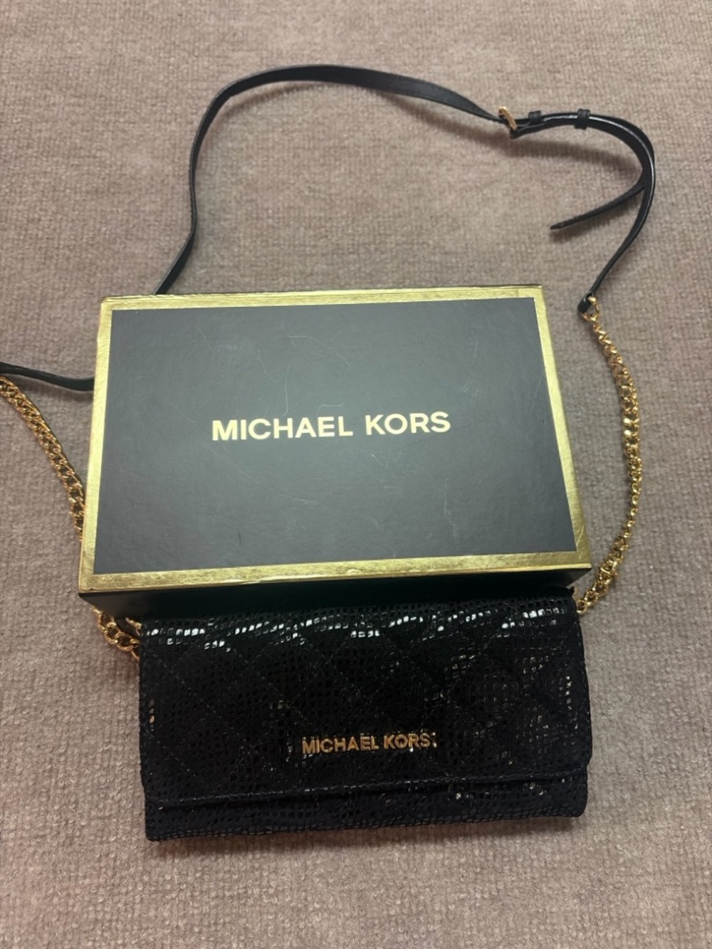 Michael Kors Black Quilted Chain Crossbody Wallet with Gold Hardware